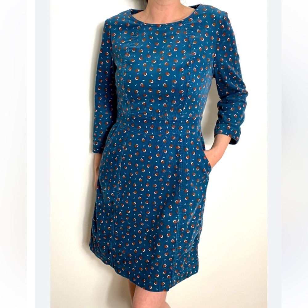Boden Women Corduroy Green Acorn Shift Dress 3/4 Sleeve Sz 4P NWT